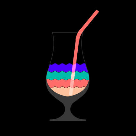 Colorful layered cocktail drink. Fougere. Wine glass. Tall glass with straw. Cocktail icon. Vector illustration isolated on black.のイラスト素材