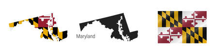 Maryland US state map with masked flag. Detailed silhouette. Waving flag. Vector illustration isolated on white.のイラスト素材