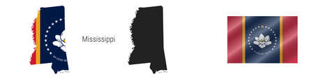 Mississippi. Map with masked flag. Detailed silhouette. New Magnolia flag. Waving flag. Vector illustration isolated on white.のイラスト素材