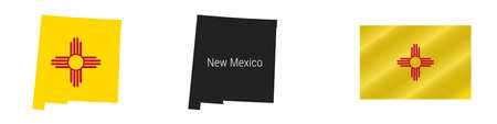 New Mexico US state map with masked flag. Detailed silhouette. Waving flag. Vector illustration isolated on white.のイラスト素材