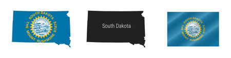 South Dakota US state map with masked flag. Detailed silhouette. Waving flag. Vector illustration isolated on white.のイラスト素材