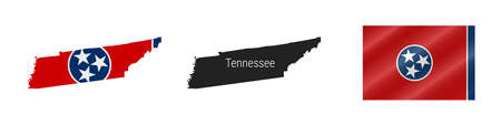 Tennessee US state map with masked flag. Detailed silhouette. Waving flag. Vector illustration isolated on white.のイラスト素材