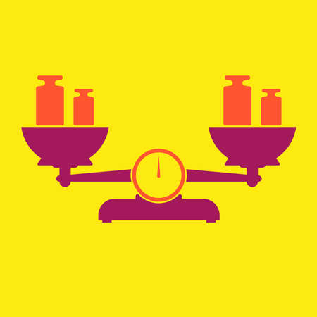 Balance scales with calibration weights. Flat style vector illustration isolated on yellow...