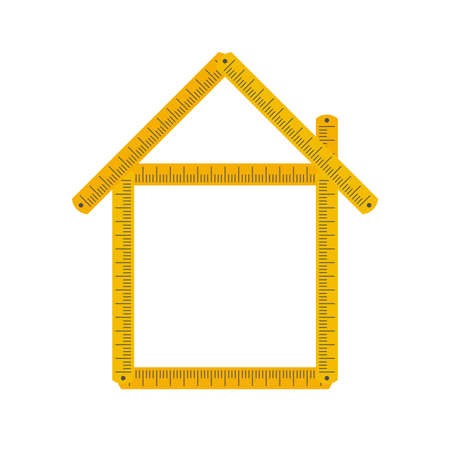 Home icon made from yellow folding rule. Building, house development. Mortgage calculator idea. Flat style vector illustration isolated on white background.のイラスト素材
