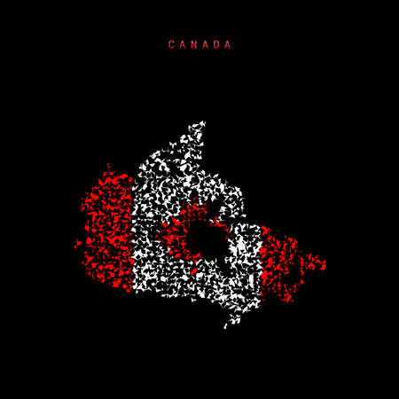 Canada flag map, chaotic particles pattern in the colors of the Canadian flag. Vector illustration isolated on black background.のイラスト素材