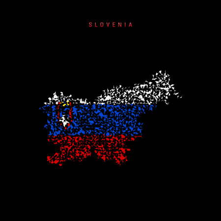 Slovenia flag map, chaotic particles pattern in the colors of the Slovenian flag. Vector illustration isolated on black background.のイラスト素材