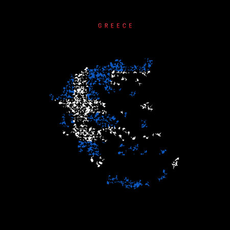 Greece flag map, chaotic particles pattern in the colors of the Greek flag. Vector illustration isolated on black background.のイラスト素材