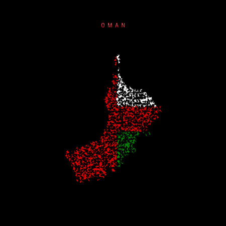 Oman flag map, chaotic particles pattern in the colors of the Omani flag. Vector illustration isolated on black background.のイラスト素材