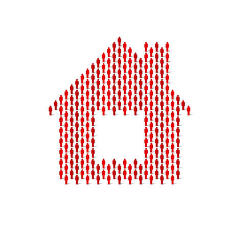 Human crowd in the shape of house icon. Stick figure red simple icons. Vector illustrationのイラスト素材