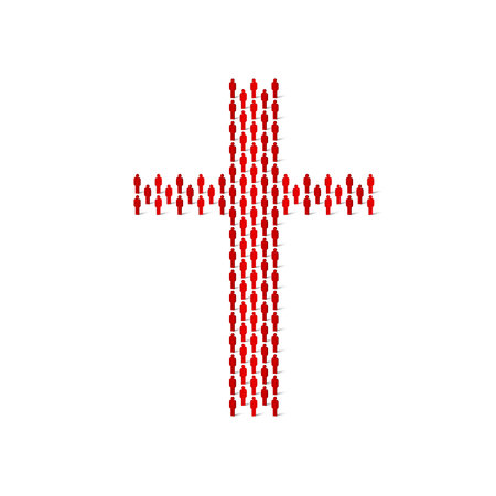 Human crowd in the shape of christian cross. Stick figure red simple icons. Vector illustration