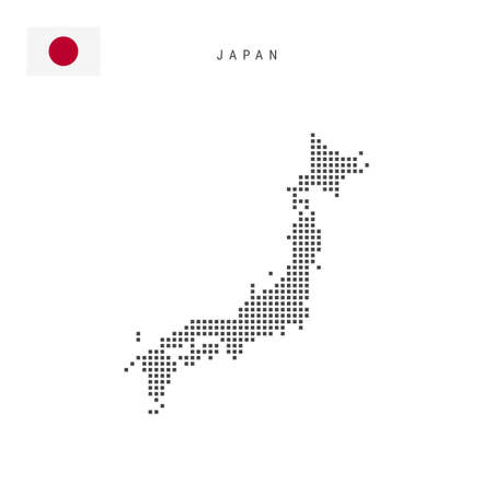 Square dots pattern map of Japan. Japanese dotted pixel map with national flag isolated on white background. Vector illustration.のイラスト素材