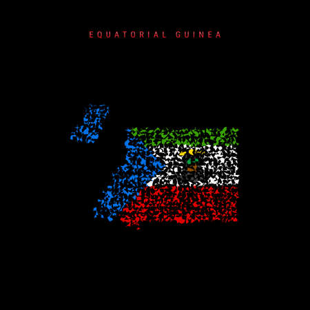 Equatorial Guinea flag map, chaotic particles pattern in the colors of the Republic of Equatorial Guinea flag. Vector illustration isolated on black background.のイラスト素材