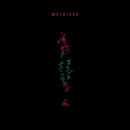Maldives flag map, chaotic particles pattern in the colors of the Maldivian flag. Vector illustration isolated on black background.のイラスト素材