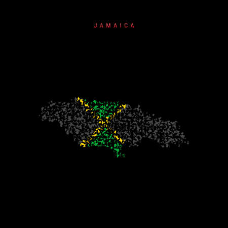 Jamaica flag map, chaotic particles pattern in the colors of the Jamaican flag. Vector illustration isolated on black background.のイラスト素材