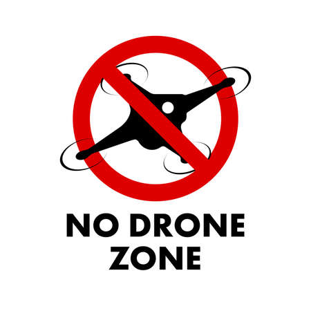 No drone zone warning sign. No fly drones prohibition sign. Vector illustration.のイラスト素材