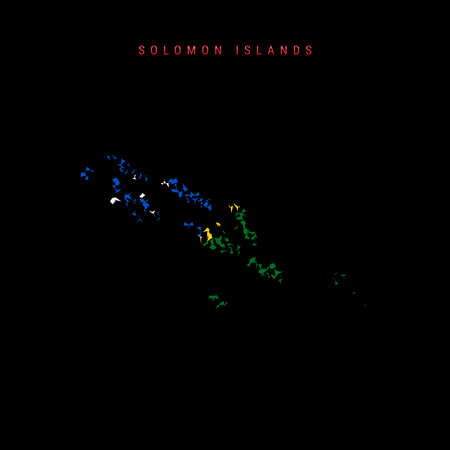 Solomon Islands flag map, chaotic particles pattern in the colors of the Solomon Islands flag. Vector illustration isolated on black background.のイラスト素材