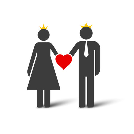 Wedding married couple simple icon. Bride and groom stick figures. Flat vector illustration isolated on white background.のイラスト素材