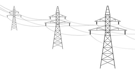 Overhead power line. Electric power transmission, high voltage power lines supplies electricity. Electric eaves departing into the distance. Flat vector illustration isolated on white background.のイラスト素材