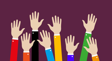 Concept of raised up hands. Education, business training concept. Flat vector illustration isolated on background.のイラスト素材
