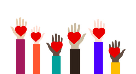 Childrens hands with red hearts raised in different colors. Charity, volunteering and donating concept. Flat vector illustration isolated on white background.のイラスト素材