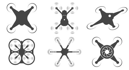 Drone silhouette icon set. Quadrocopters top view. Flat vector illustration isolated on white background.のイラスト素材
