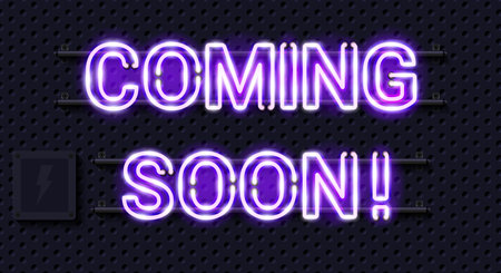 Coming soon lettering. Glowing neon letters. 3D vector illustration on technical background.のイラスト素材