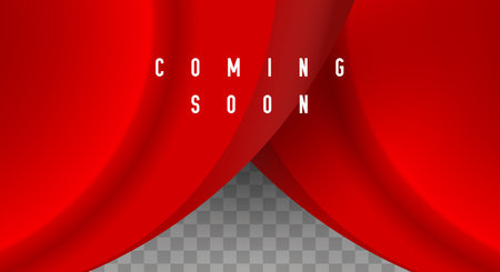 Coming soon lettering. Red curtain. 3D vector illustration on transparent background.のイラスト素材
