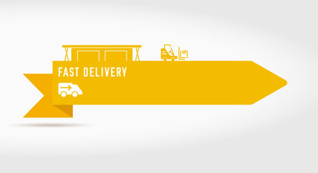 Fast delivery. Warehouse, forklift, delivery van. Paper cut ribbon banner. Flat vector illustration isolated on white background.のイラスト素材