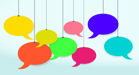 Multicolored empty speech bubbles hanging on strings. Round chat boxes hangs on stationery clips. 3D vector illustration on sky blue background.のイラスト素材
