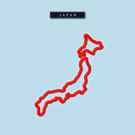 Japan bold outline map. Glossy red border with soft shadow. Country name plate. Vector illustration.のイラスト素材