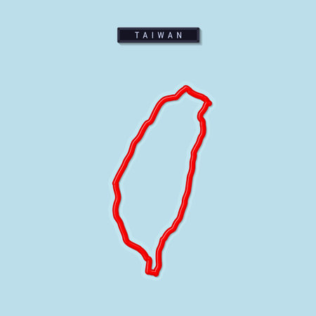 Taiwan bold outline map. Glossy red border with soft shadow. Country name plate. Vector illustration.のイラスト素材