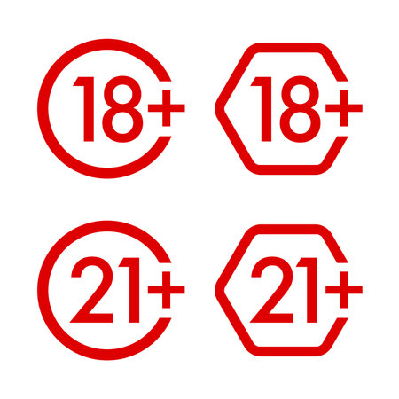 18, 21, plus years old icon vector set. Adults content. 18, 21 age restriction signs. Eighteen and twenty one plus years sticker, badge, circle and hexagonal red label.のイラスト素材