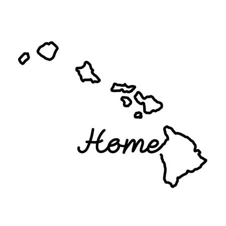 Hawaii US state outline map with the handwritten HOME word. Continuous line drawing of patriotic home sign. A love for a small homeland. Interior decoration idea. Vector illustration.のイラスト素材