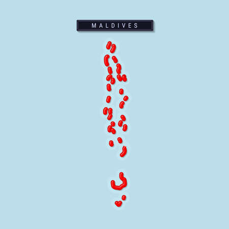 Maldives bold outline map. Glossy red border with soft shadow. Country name plate. Vector illustration.のイラスト素材