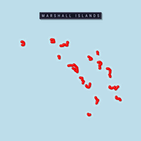 Marshall Islands bold outline map. Glossy red border with soft shadow. Country name plate. Vector illustration.のイラスト素材