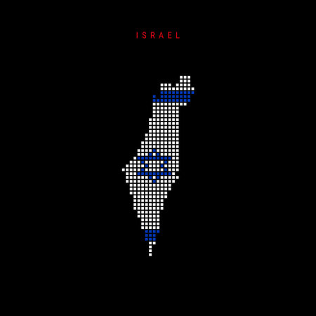 Square dots pattern map of Israel. Dotted pixel map with national flag colors isolated on black background. Vector illustration.のイラスト素材