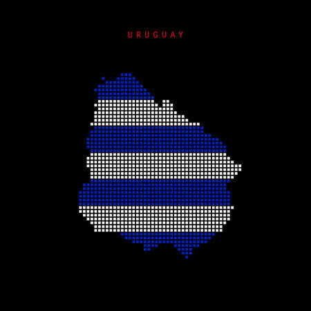 Square dots pattern map of Uruguay. Dotted pixel map with national flag colors isolated on black background. Vector illustration.のイラスト素材