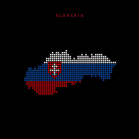Square dots pattern map of Slovakia. Dotted pixel map with national flag colors isolated on black background. Vector illustration.のイラスト素材