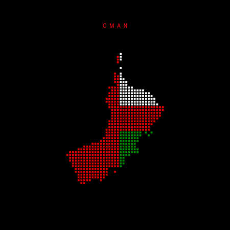 Square dots pattern map of Oman. Dotted pixel map with national flag colors isolated on black background. Vector illustration.のイラスト素材