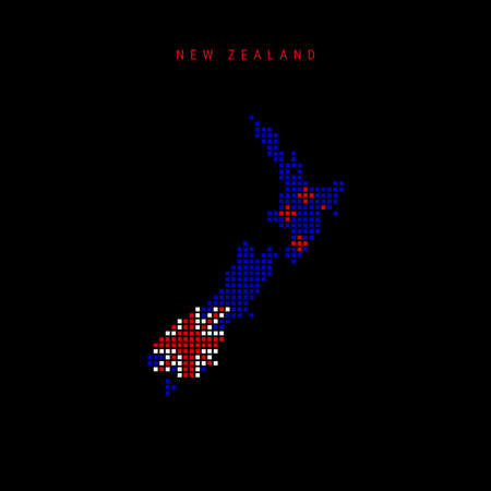 Square dots pattern map of New Zealand. Dotted pixel map with national flag colors isolated on black background. Vector illustration.のイラスト素材