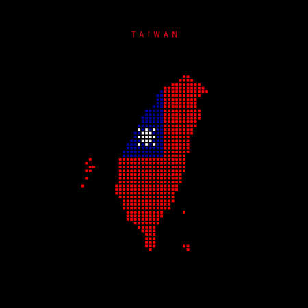 Square dots pattern map of Taiwan. Dotted pixel map with national flag colors isolated on black background. Vector illustration.のイラスト素材