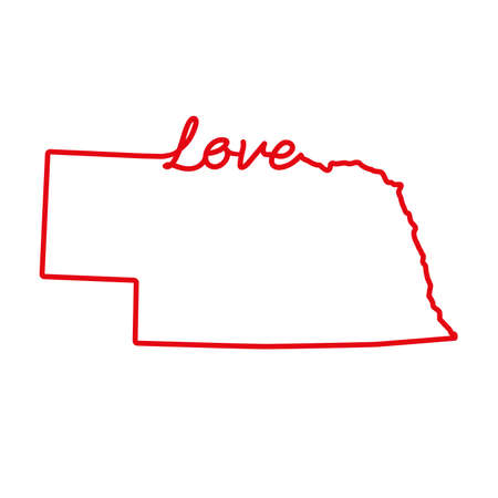 Nebraska US state red outline map with the handwritten LOVE word. Continuous line drawing of patriotic home sign. A love for a small homeland. Interior decoration idea. Vector illustration.のイラスト素材