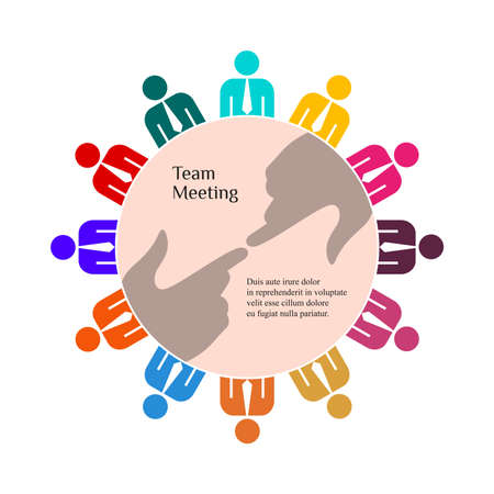 Hands in touch. Group of people in conference room. Round table, working together. Business people vector icon isolated on white.のイラスト素材