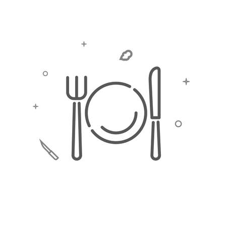 Fork, plate, knife simple vector line icon. Kitchenware related sign isolated on white background. Editable stroke. Adjust line weight.のイラスト素材