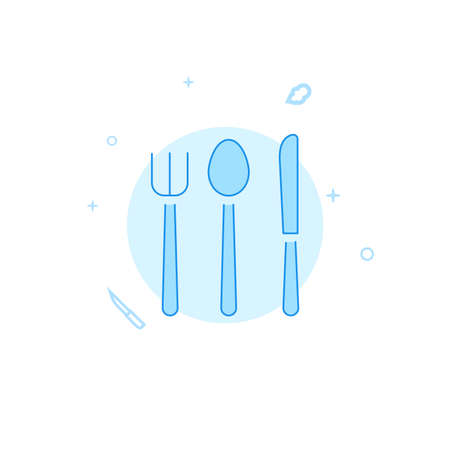 Fork Spoon Knife vector icon. Kitchen utensil. Flat illustration. Filled line style. Blue monochrome design. Editable stroke. Adjust line weight.のイラスト素材