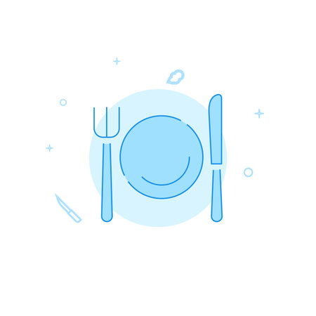 Fork, plate, knife vector icon. Kitchen utensil. Flat illustration. Filled line style. Blue monochrome design. Editable stroke. Adjust line weight.のイラスト素材