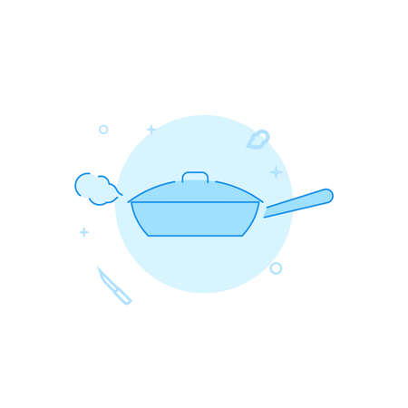 Frying pan vector icon. Kitchen utensil. Flat illustration. Filled line style. Blue monochrome design. Editable stroke. Adjust line weight.のイラスト素材