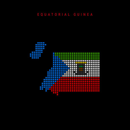 Square dots pattern map of Equatorial Guinea. Dotted pixel map with national flag colors isolated on black background. Vector illustration.のイラスト素材