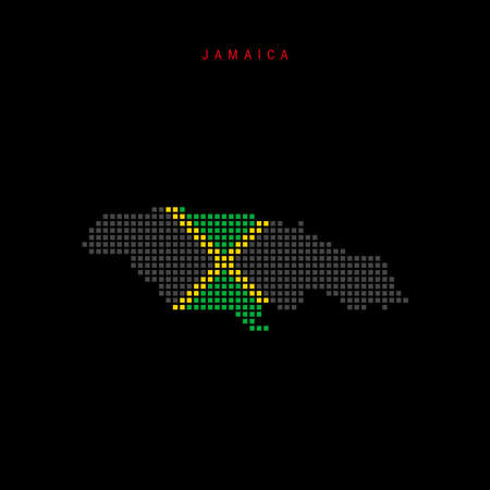Square dots pattern map of Jamaica. Dotted pixel map with national flag colors isolated on black background. Vector illustration.のイラスト素材
