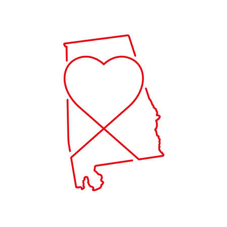 Alabama US state red outline map with the handwritten heart shape. Continuous line drawing of patriotic home sign. A love for a small homeland. T-shirt print idea. Vector illustration.のイラスト素材
